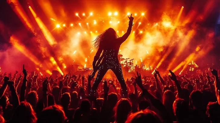 Rock concert crowd and stage lights representing the best rock songs of all time